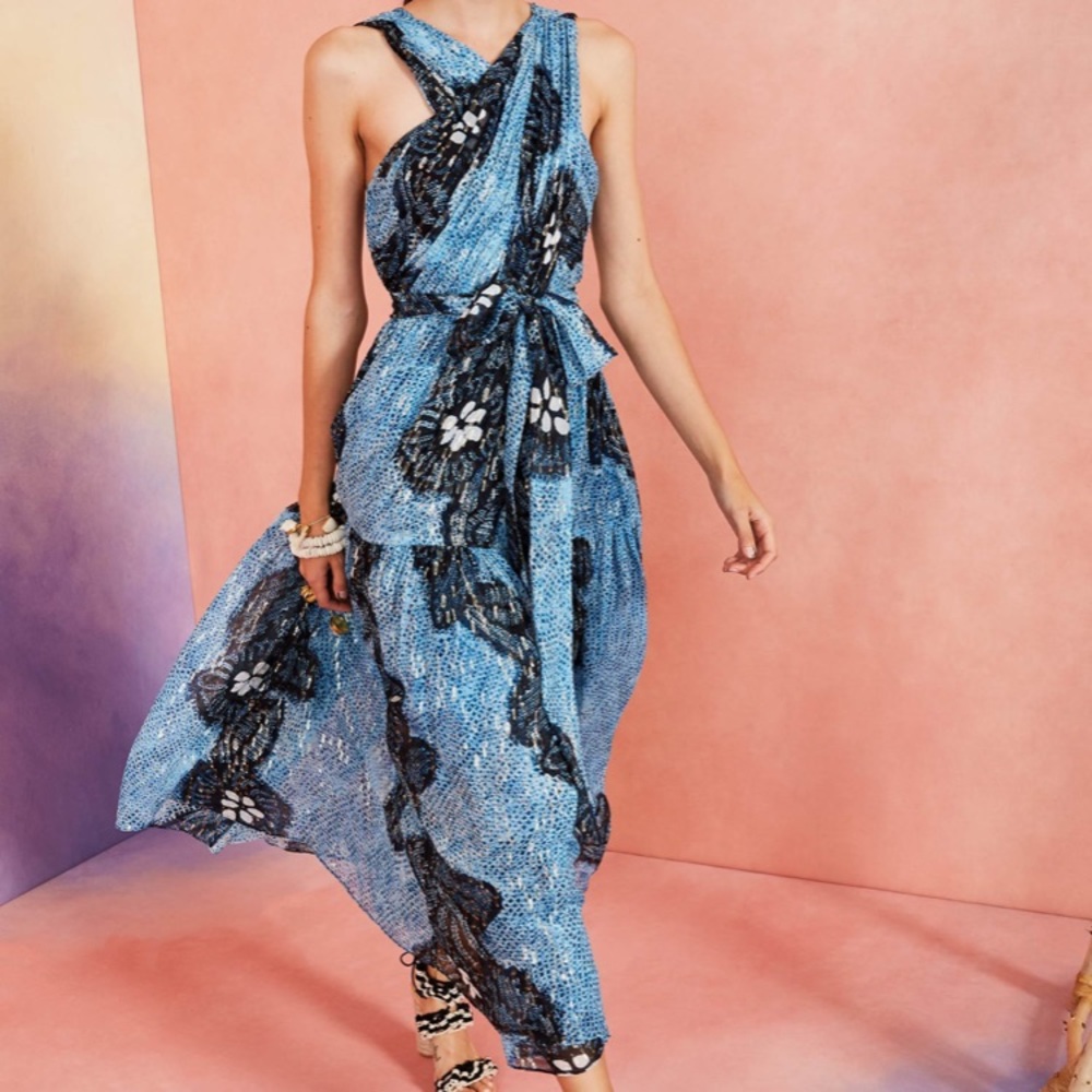 Ulla Johnson Blue Floral Print Halter Maxi Dress